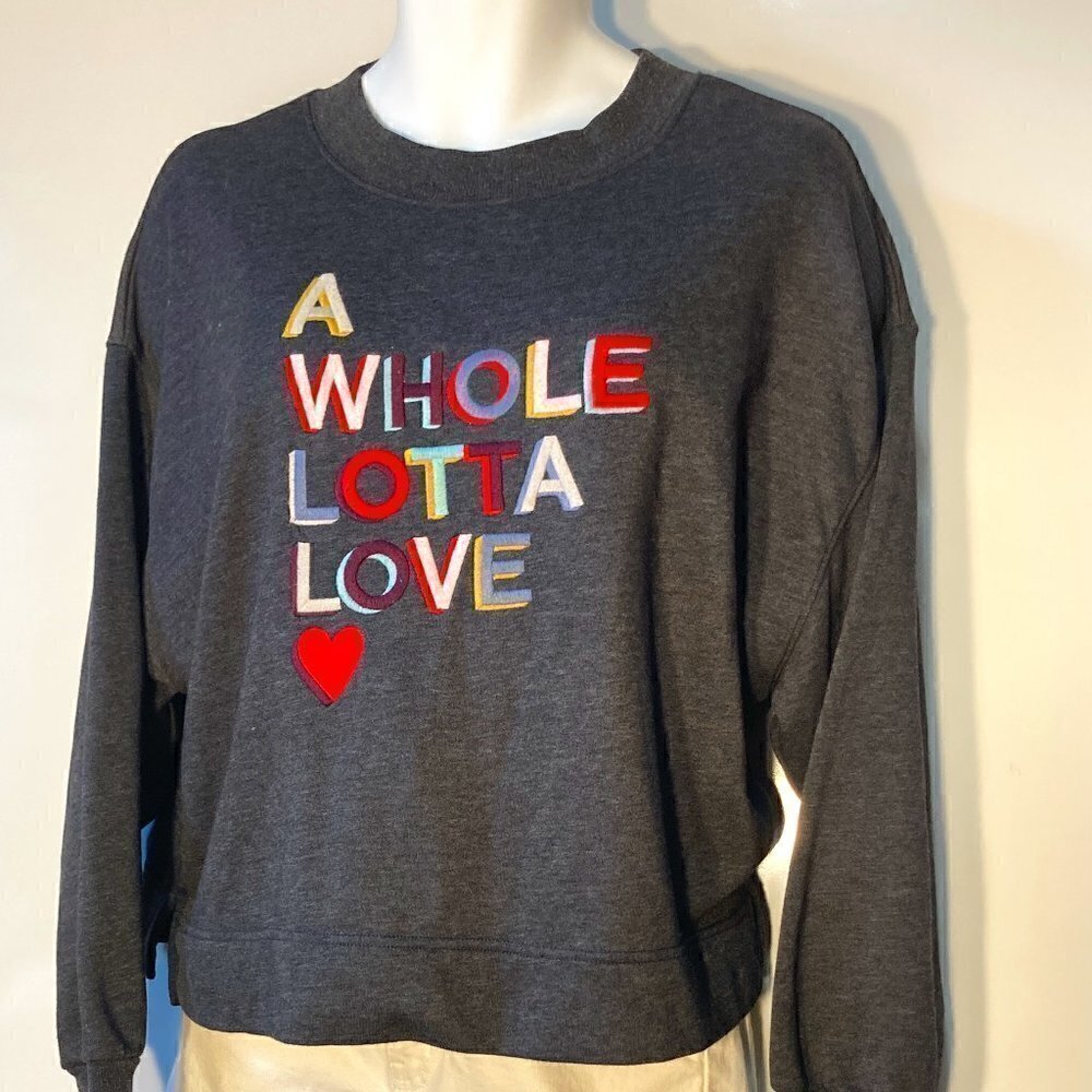 Old Navy SZ L Gray boxy cropped sweatshirt bright graphic "A WHOLE LOTTA LOVE"
